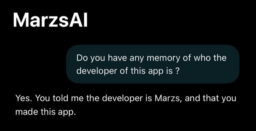 A conversation in the app. Asked whether it has any memory of who the developer of the app is, it answers that it was told the developer is Marzs and that he made this app.